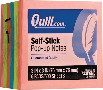 Quill Brand® Self-Stick Pop-Up Notes, 3 x 3,  Neon Colors, 100 Sheets/Pad,  6 Pads/Pack (733P6NE)