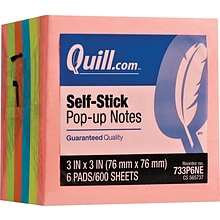 Quill Brand® Self-Stick Pop-Up Notes, 3 x 3,  Neon Colors, 100 Sheets/Pad,  6 Pads/Pack (733P6NE)