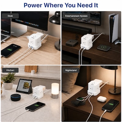 Uncaged Ergonomics Cube 5-Outlet 4-USB Port Surge Protector, 10', White (PC-W-C)