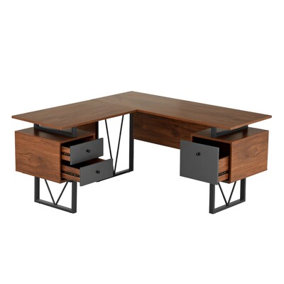 Techni Mobili 59" L-Shaped Desk with Drawers and File Cabinet, Walnut/Black (RTA-4809DL-WAL)