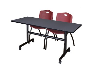 Regency Kobe 60 Flip Top Mobile Training Table- Grey & 2 M Stack Chairs- Burgundy