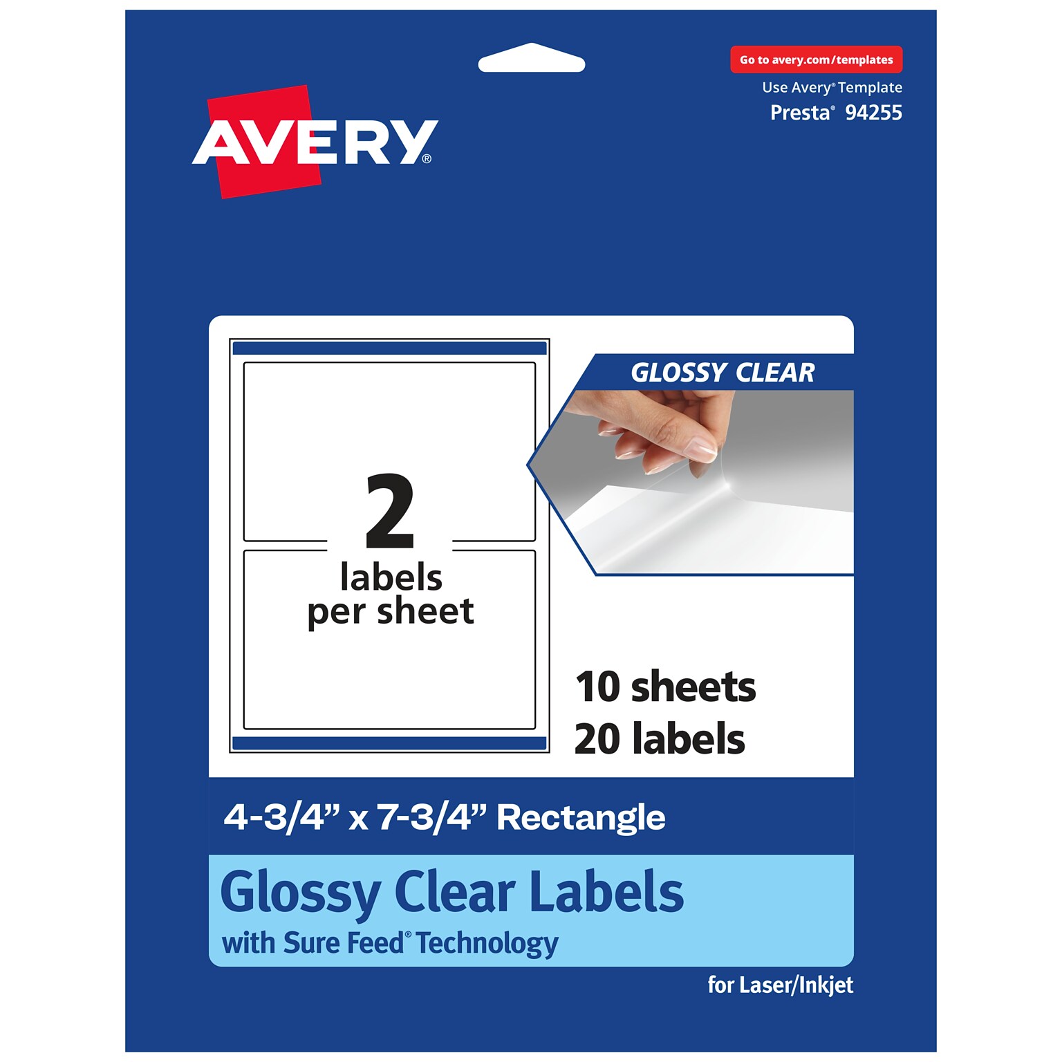 Avery Laser/Inkjet Multipurpose Labels, 7.75 x , Glossy Clear, 20/Pack (94255)