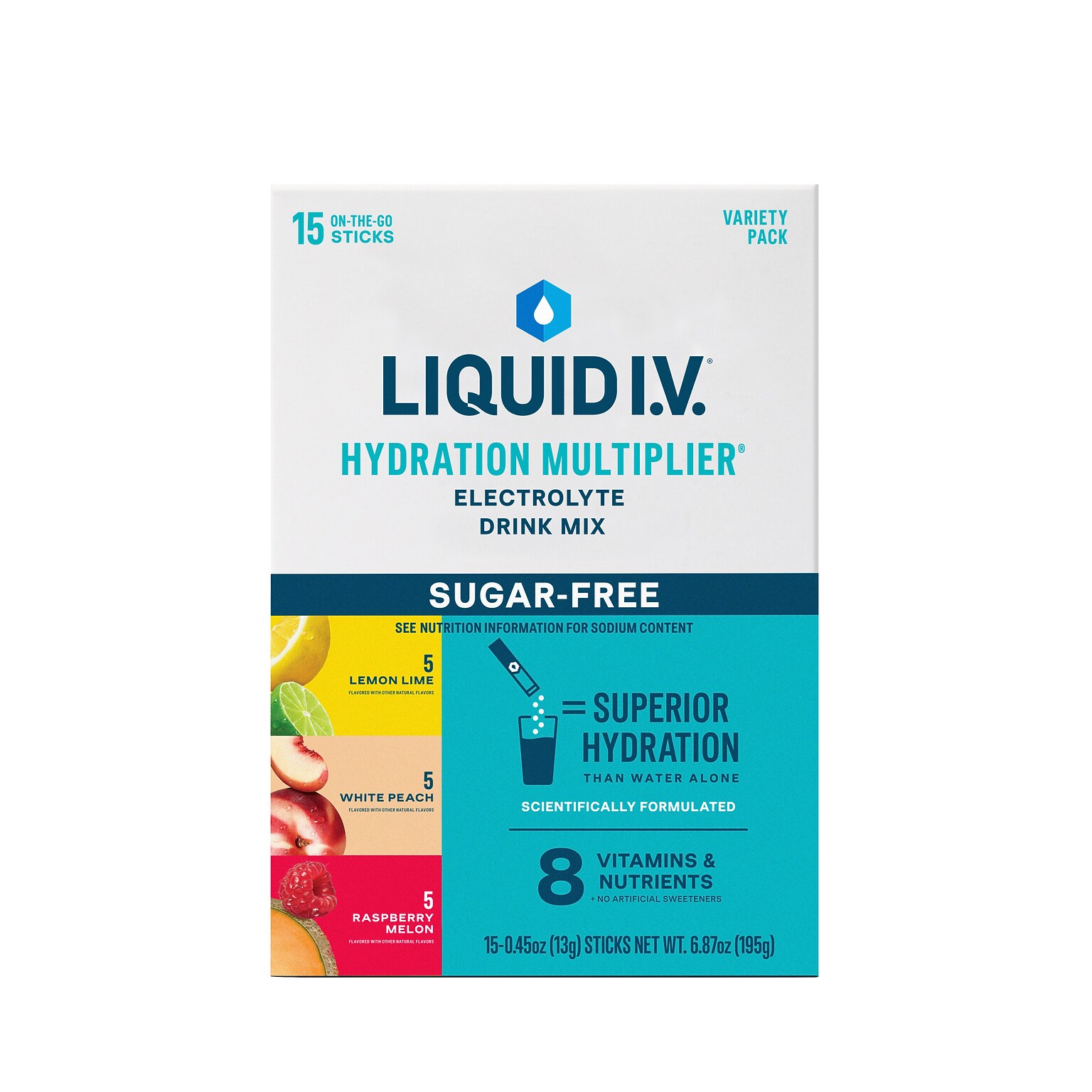 LIQUID I.V. Hydration Multiplier Sugar-Free Variety Pack Electrolyte Powder Drink Mix, 0.56 oz., 15 Sticks/Box (EHC97191)