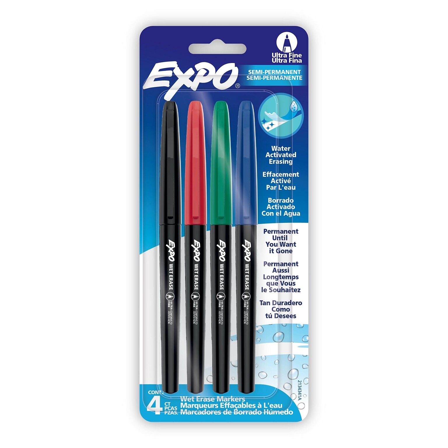 EXPO Wet Erase Markers, Fine Tip, Assorted, 4/Pack (16074/2134341)