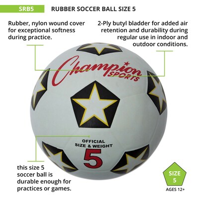 Champions Water-Resistant Rubber-Covered Sports Ball, White/Black, Size 5 Soccer Ball