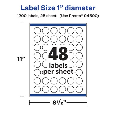 Avery Laser/Inkjet Round Multipurpose Labels, 1" Dia., Glossy Clear, 1,200 Labels/Pack (94500)