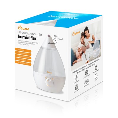 Crane Ultrasonic Cool Mist Tabletop Humidifier, 1-Gallon, For Rooms 500 sq. ft., Clear/White (EE-5301CW)