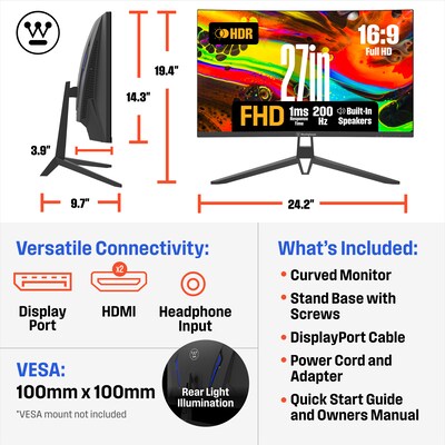Westinghouse 27" Curved FHD 200Hz LED AMD FreeSync Gaming Monitor, Built-In Speaker, Black (WC27RX6250)