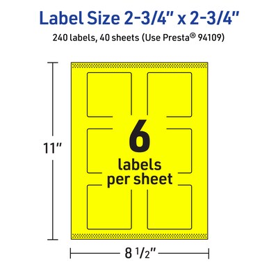 Avery Square Laser/Inkjet Multipurpose Labels, 2.75" x 2.75", Neon Yellow (240/Box)