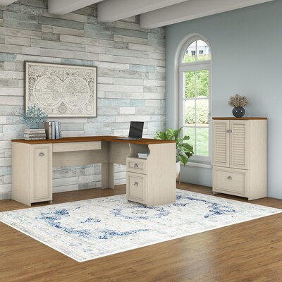 Bush Furniture Fairview 60W L Shaped Desk and 2 Door Storage Cabinet with File Drawer, Antique Whit