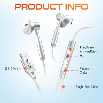 Delton 18EC Wired Earbuds & 2-in-1 USB-C Splitter Adapter Bundle, White (DWH18ECWHKT1)