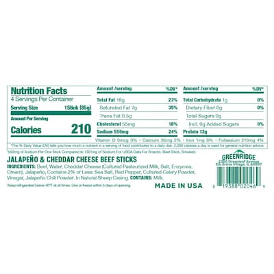 Greendridge Naturals Jalapeno & Cheddar Grass Fed Beef Sticks, 1 oz., 12/Pack (220-02689)