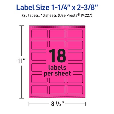 Avery Laser/Inkjet Rectangle Multipurpose Labels, 1-1/4" x 2-3/8", Neon Magenta, 720/Pack (94227)