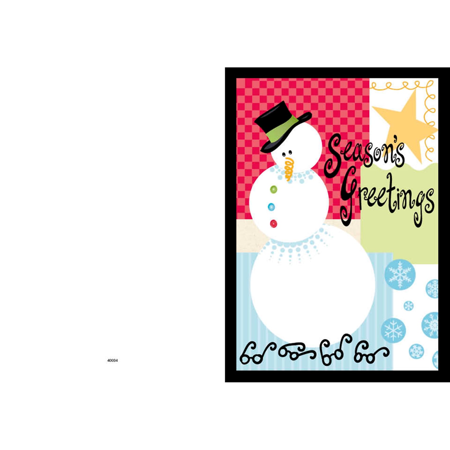 Seasons Greetings - snowman - eye glasses - 7 x 10 scored for folding to 7 x 5, 25 cards w/A7 envelopes per set