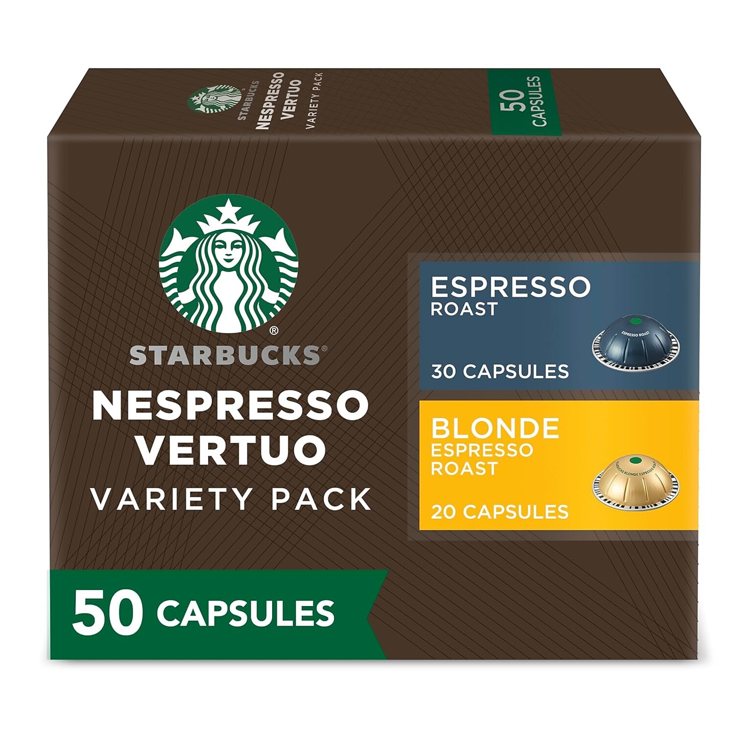 Starbucks Variety Pack Coffee Nespresso Vertuo Capsules, 50/Box (117668)