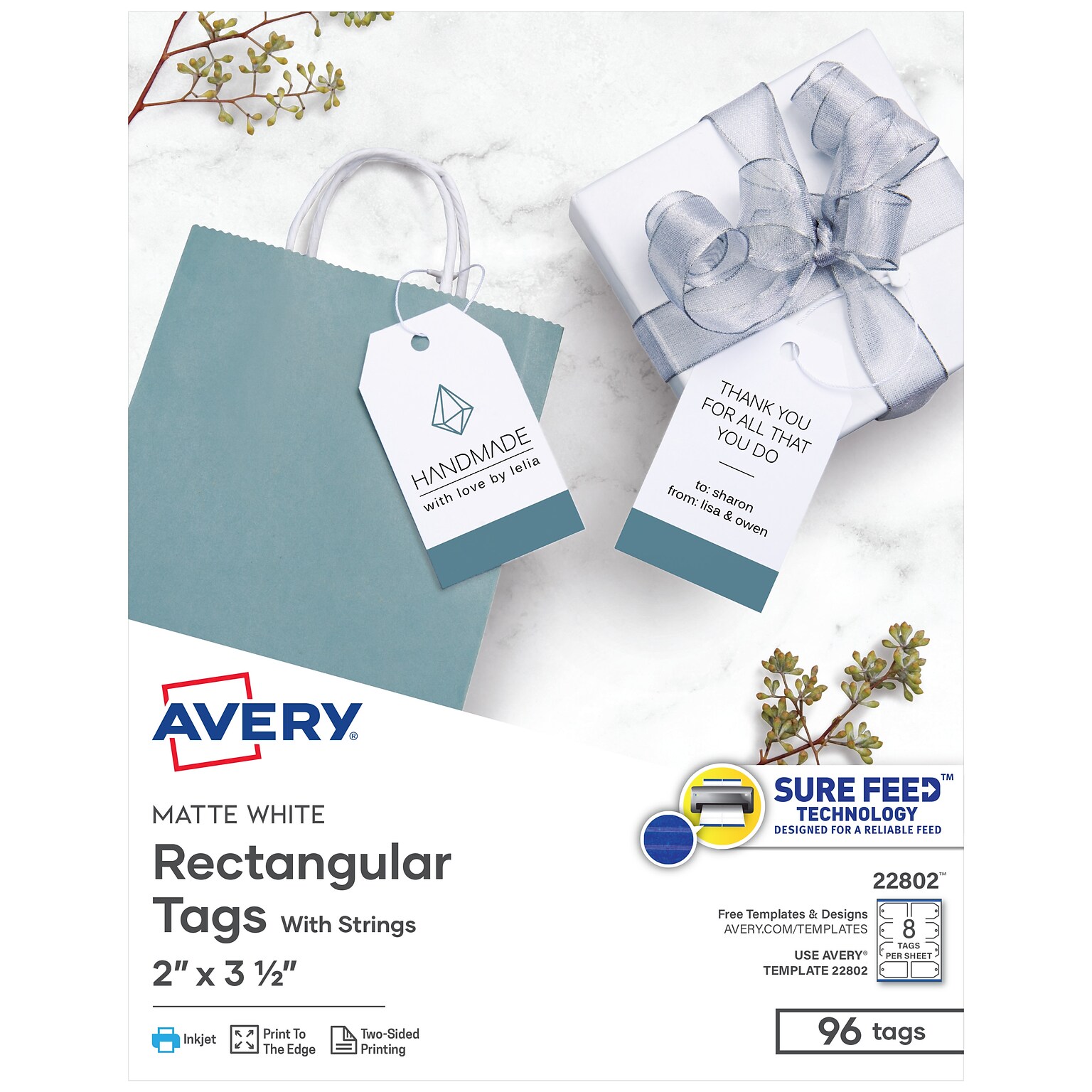Avery Printable Blank Gift Tags with Strings, 3.5, White, 96/Pack (22802)