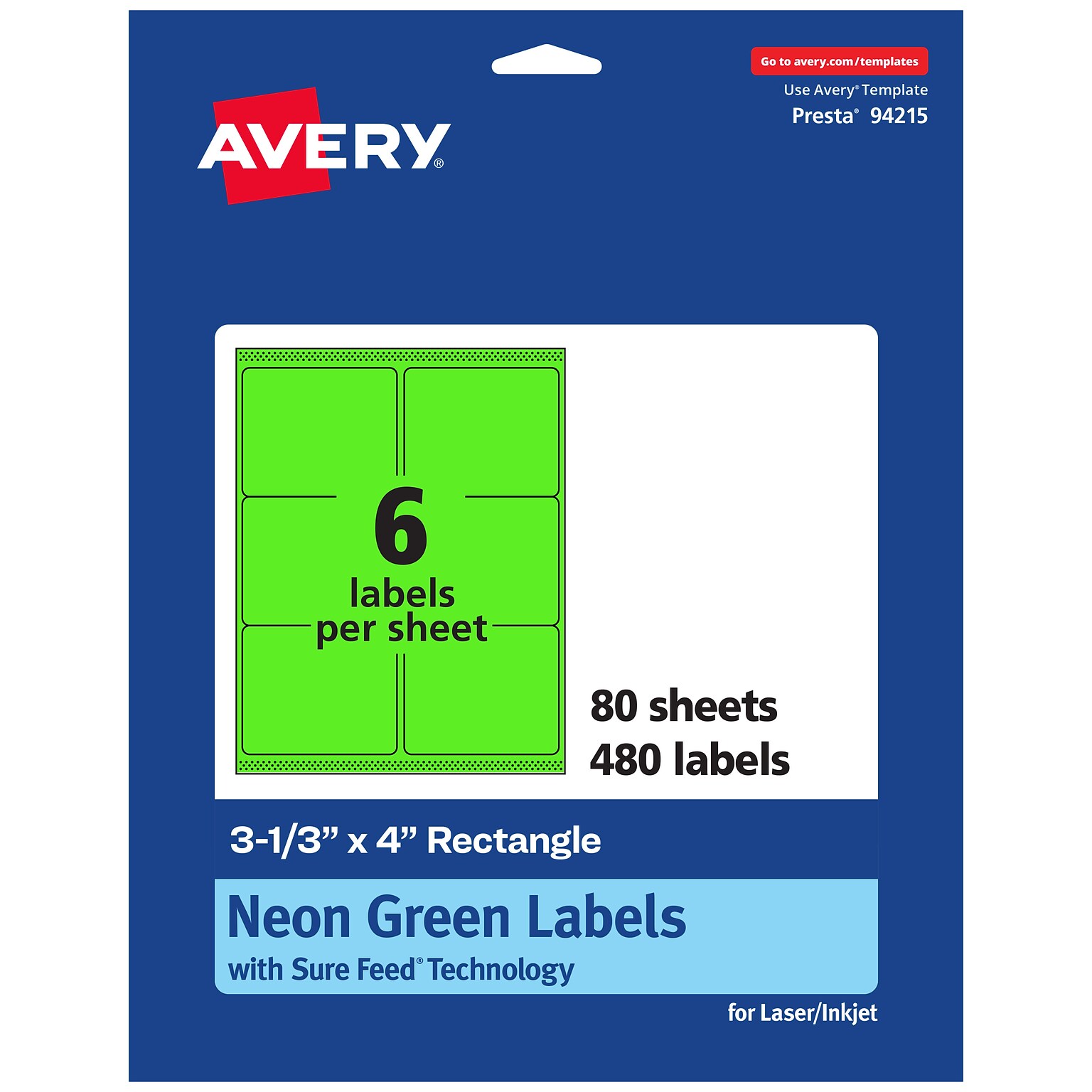 Avery Laser/Inkjet Multipurpose Rectangle Labels, 3-1/3 x 4, Neon Green, 480/Box (94215)