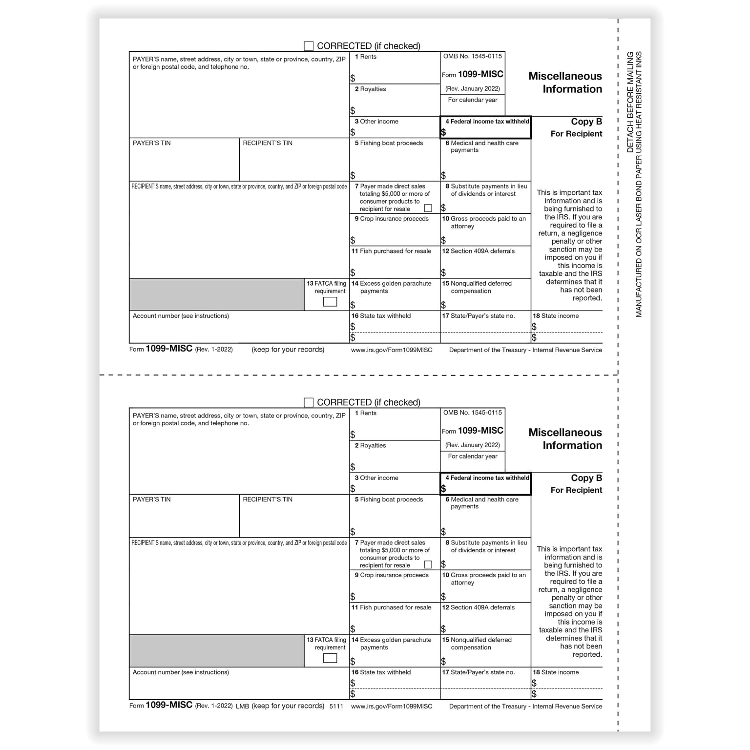 ComplyRight 2023 1099-MISC  Tax Form, 1-Part, 2-Up, Recipient Copy B, 50/Pack (511150)