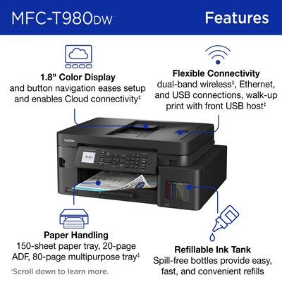 Brother INKvestment Tank MFC-T980DW Wireless Color All-In-One Supertank Inkjet Printer, Best for Home Office