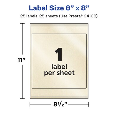 Avery Pearlized Ivory Square Multipurpose Labels, 8" x 8", Ivory, 25/Pack (94108)