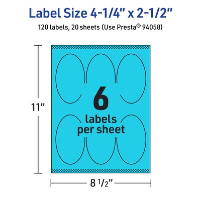 Avery Printable Oval Multipurpose Labels, 4.25" x 2.5", Bright Blue, 120/Pack (94058)