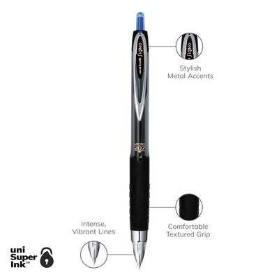 uni-ball 207 Retractable Gel Pens, Micro Point, 0.5mm, Blue Ink, Dozen (61256)