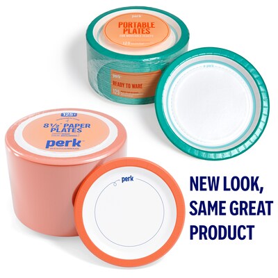 Perk™ Medium-Weight Paper Plates, 8.5, White/Orange, 125/Pack (PK54329)