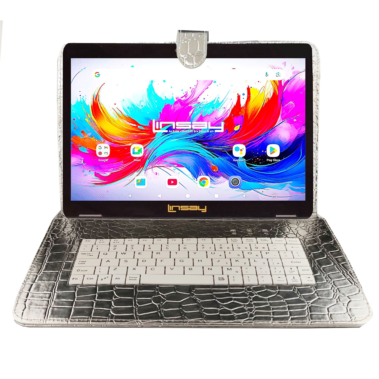 LINSAY F10 Series 10.1 Tablet, Wi-Fi, Octa Core, 256GB eMMC, Android 15, Silver Keyboard Case (F10IPGBDSPLUS)