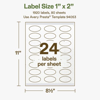 Avery Hemp Oval Laser/Inkjet Multipurpose Labels, 1" x 2", Off-White (1920/Box)