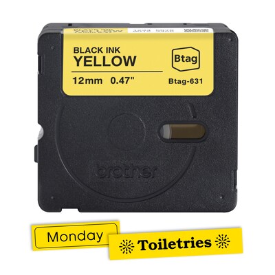 Brother P-touch Btag Label Tape, 1/2" x 13.1' (12mm x 4m), Black on Yellow (BTAG631)
