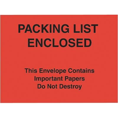 Self-Adhesive P/L Enclosed/This Package Contains... Packing List Envelopes; Red Paper Face, 7x6, 1000/BX