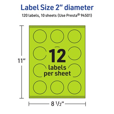 Avery Laser/Inkjet Multipurpose Circle Labels, 2" Dia., Bright Green, 120/Pack (94501)