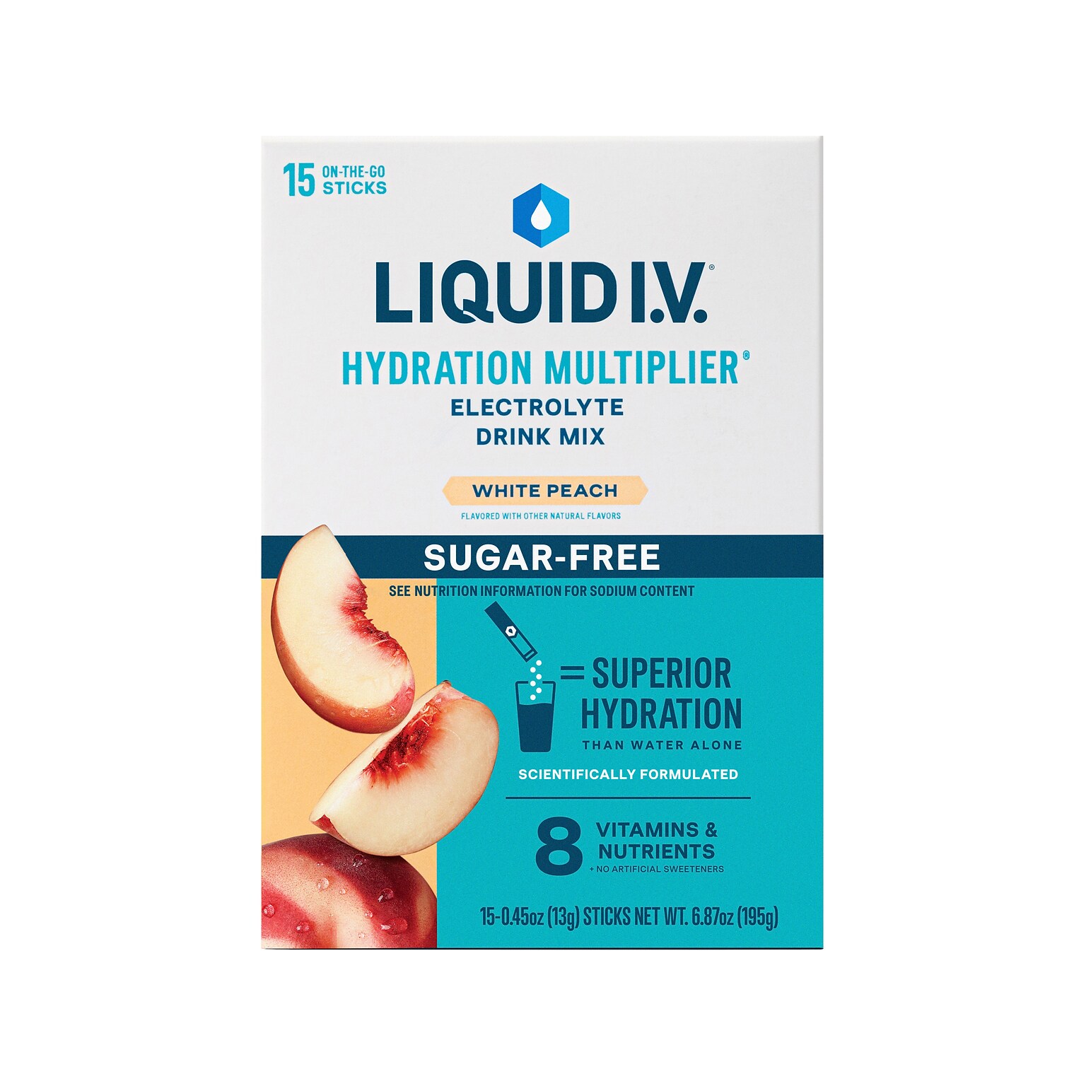 LIQUID I.V. Hydration Multiplier Sugar-Free White Peach Electrolyte Drink Mix, 0.45 oz., 15 Sticks/Pack (LVM-1519)