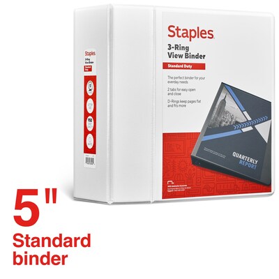 Staples® Standard 5 3 Ring View Binder with D-Rings, White (26360-CC)