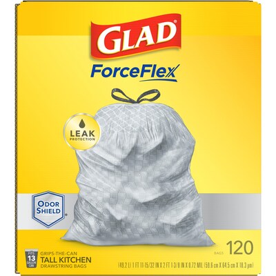 Glad ForceFlex OdorShield 13 Gallon Kitchen Trash Bag, 23.75" x 25.4", Low Density, 0.72 mil, Gray, 120 Bags/Box (79158)