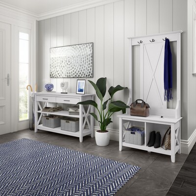 Bush Furniture Key West Entryway Storage Set with Hall Tree, Shoe Bench, and Console Table, Pure Whi