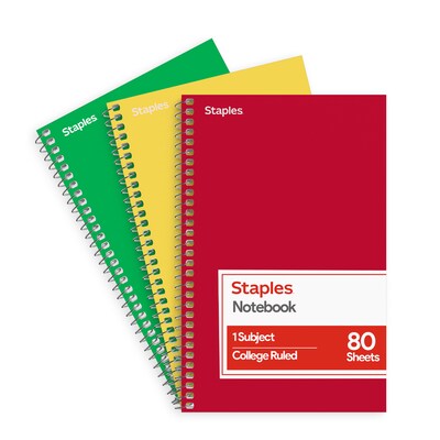 Staples 1-Subject Notebooks, 5 x 7.75, College Ruled, 80 Sheets, Assorted Colors, 3/Pack (ST11670C)