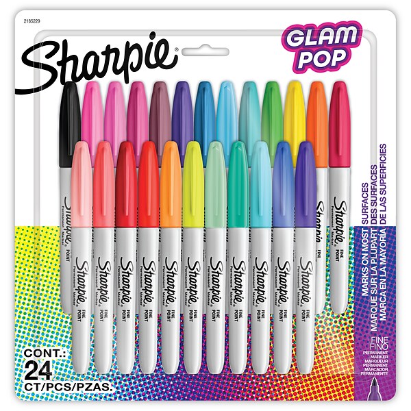 Sharpie Glam Pop Permanent Marker, Fine Tip, Assorted, 24/Pack