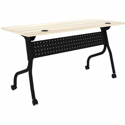 Lorell 60W x 23.6D Foldable Flip-Up Training Table, Melamine, With Wheels, Modern Elm/Black (LLR66376)