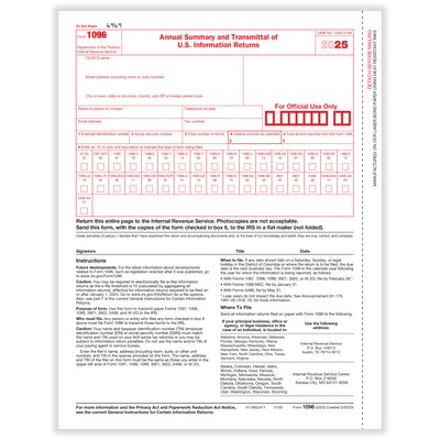 ComplyRight 2025 1096 Annual Transmittal For U.S. Information Returns Tax Form, 1-Part, Pack of 50 Forms