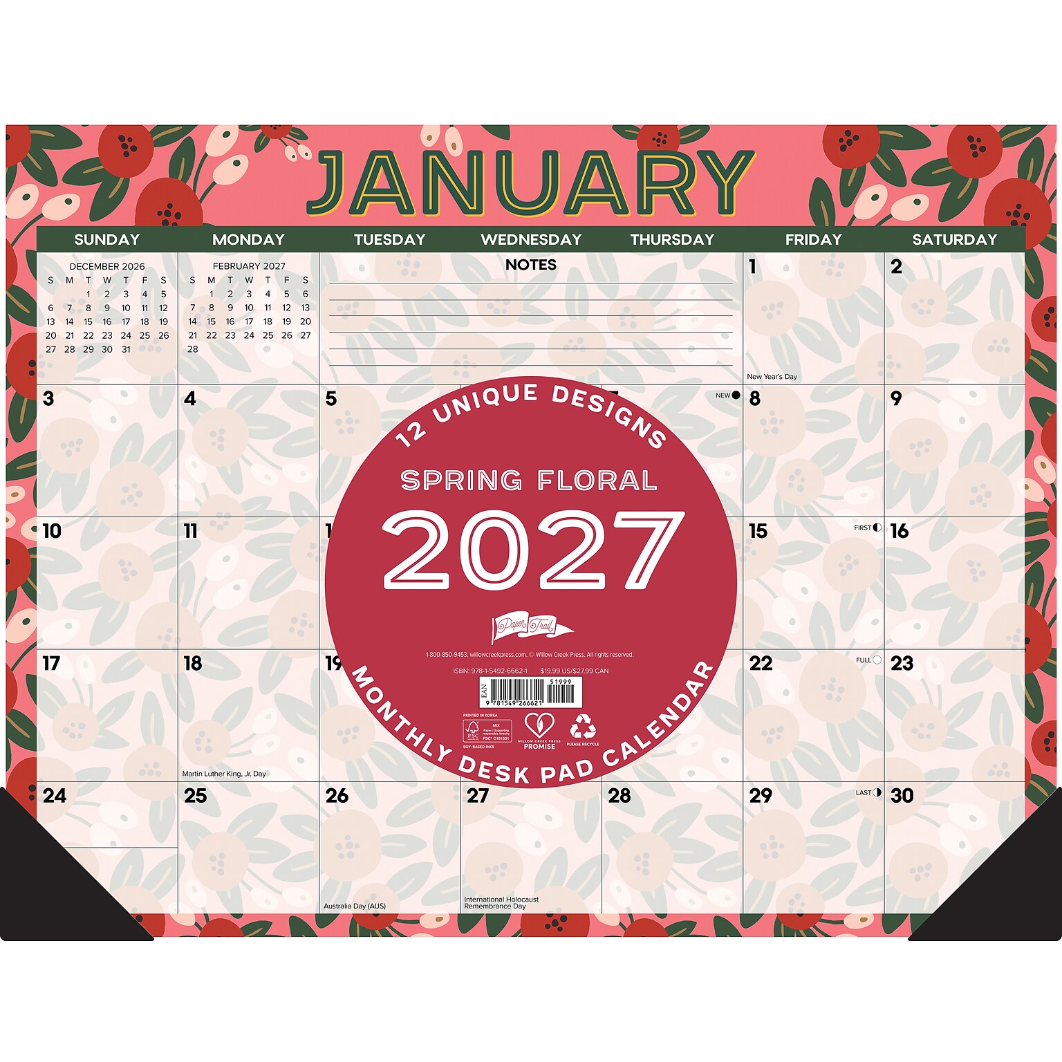 2027 Willow Creek Spring Floral 22 x 17 Monthly Desk Pad Calendar, Assorted Colors (66621)