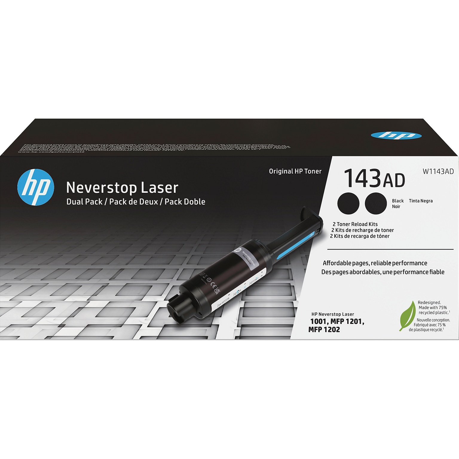 HP 143AD Black Standard Yield Toner Cartridge Reload Kit, 2/Pack (W1143AD)