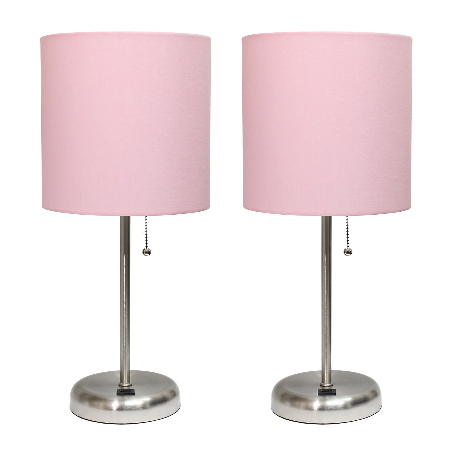 Creekwood Home Oslo Duo 19.5 LED Table Lamp with USB Port, Brushed Steel/Light Pink Shade, 2/Set (CWT-2012-LP-2PK)