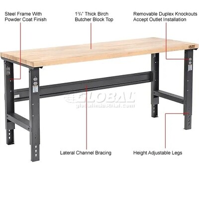 Global Industrial Height Adjustable Workbench, 72"W x 30"D, Birch Square Edge, Black (318913BK)