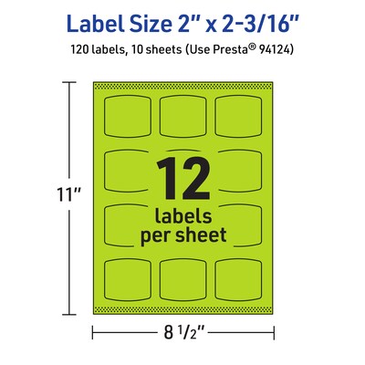 Avery Laser/Inkjet Multipurpose Square Labels, 2" x 2-3/16", Bright Green, 120/Pack (94124)