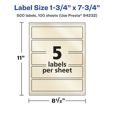 Avery Pearlized Ivory Rectangle Multipurpose Labels, 1.75" x 7.75", Ivory, 500/Box (94232)