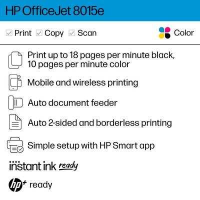 HP OfficeJet 8015e Wireless Color Inkjet Printer, All-In-One, Print, Scan, Copy (228F5A#B1H)