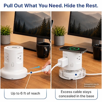 Uncaged Ergonomics USB-C Wireless 6 ft. Retractable Power Strip with 15W Wireless Charger, 4-Outlet, White (WRPS-2-White)