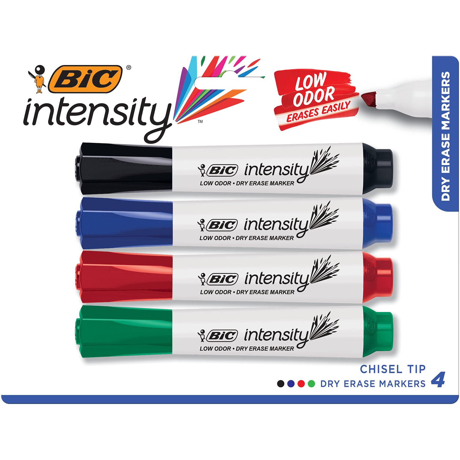 BIC Intensity Tank Dry Erase Markers, Chisel Tip, Assorted, 4/Pack (GDEMP41-AST)