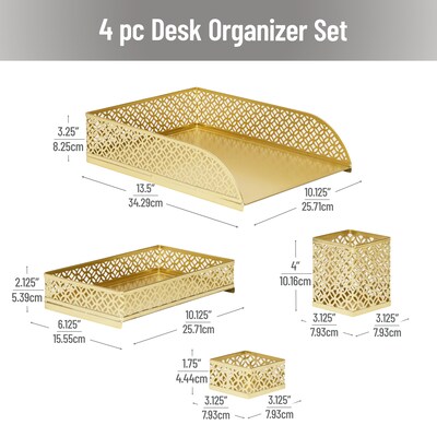 Mind Reader Metal Desk Organizer Set, Gold, 4 Pieces/Set (DESK4-GLD)